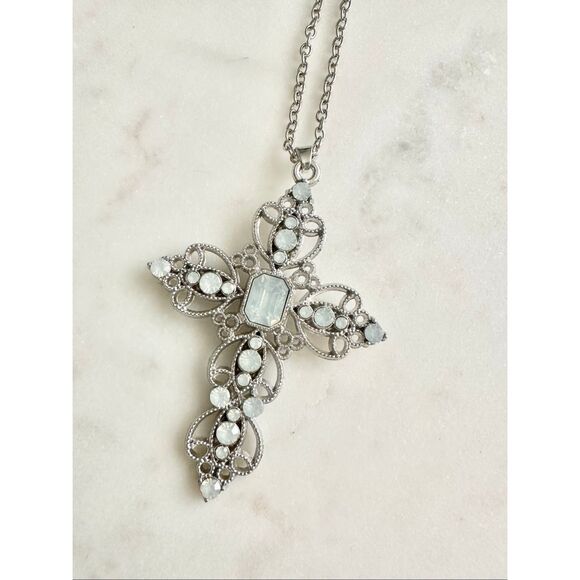 iridescent moonstone rhinestone cross necklace - Picture 1 of 2